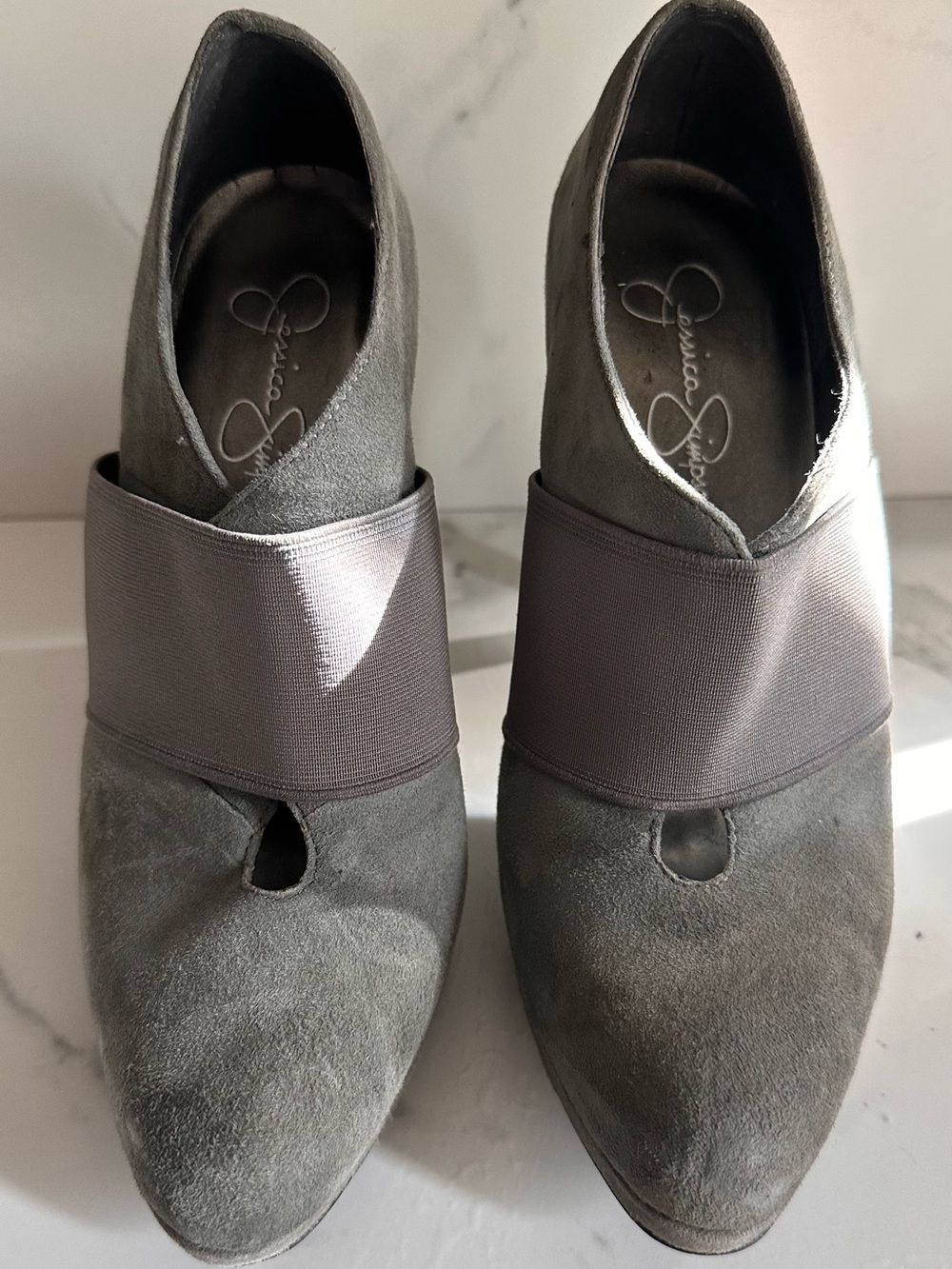 Jessica Simpson Gray Suede Slip-On Pointed Ankle Bootie with Elastic Band